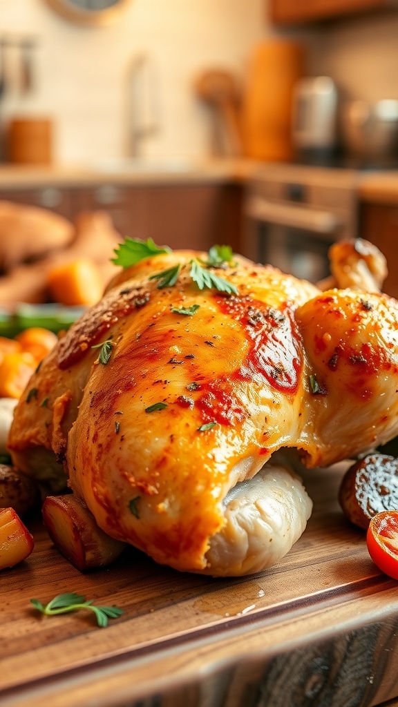 Oven-baked chicken thigh with crispy skin, garnished with herbs, on a wooden board with roasted vegetables.
